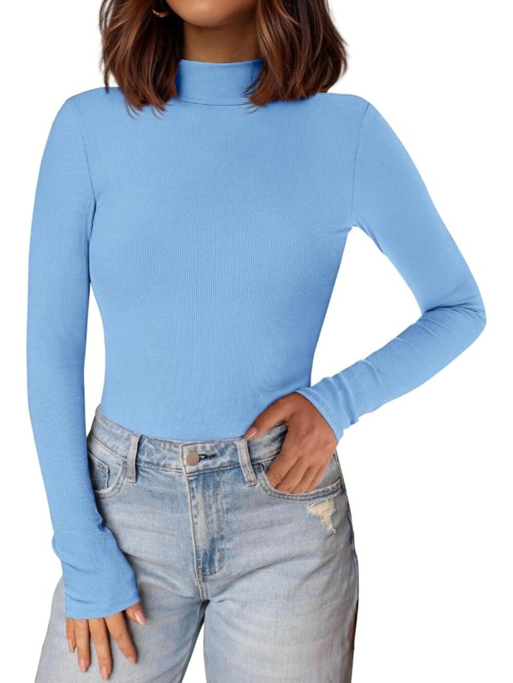 Women's Light Blue Ribbed Knit Mock Turtleneck Long Sleeve Undershirts Slim Top